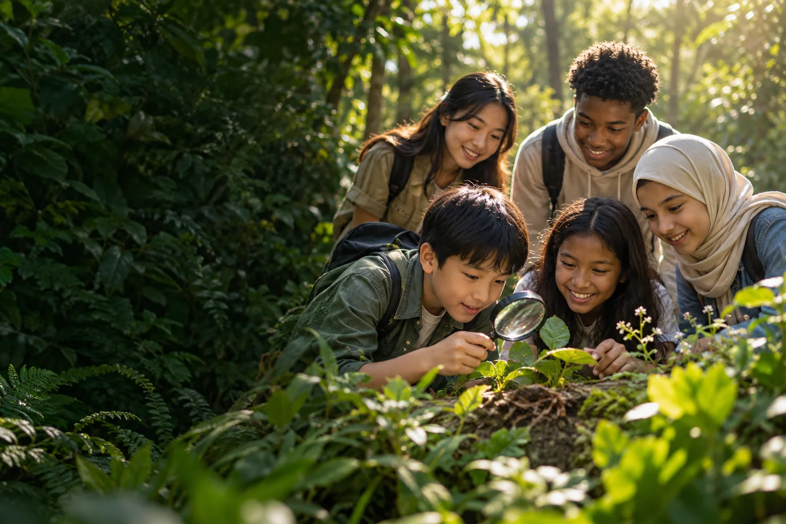 Young people exploring a sunlit garden together. AI-generated illustration.